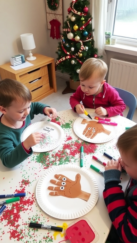 Toddlers making Christmas crafts with paper plates, glitter, and handprints.